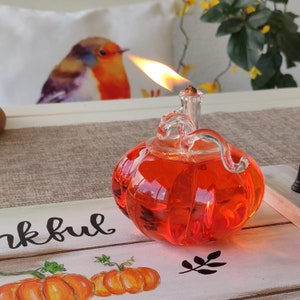 Lampada a olio in vetro | Zucca | Soffiato a bocca e fatto a mano | Lampada a olio moderna per uso interno ed esterno | Stoppino permanente in fibre di vetro