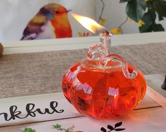 Pumpkin Oil Lamp Hand Blown Glass, Modern Oil Candle for Indoor & Outdoor, Handmade Glass Lamp with Fiberglass Wick, Housewarming Gift