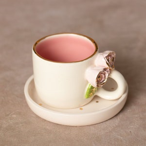 Coffee cup | Tea cup | Decorated with two &quot;roses&quot; | Handmade from ceramic | With real gold elements | Designer cup