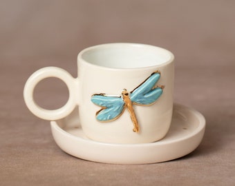 Dragonfly Coffee Mug, Handmade Ceramic with Real Gold Details, Designer Tea Cup, Unique Pottery Gift for Her