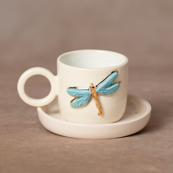 Dragonfly Coffee Mug, Handmade Ceramic with Real Gold Details, Designer Tea Cup, Unique Pottery Gift for Her