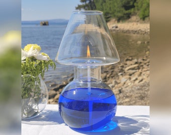 Misty Oil Lamp Hand Blown Glass, Modern Oil Candle for Indoor & Outdoor, Handmade Glass Lamp with Fiberglass Wick, Housewarming Gift