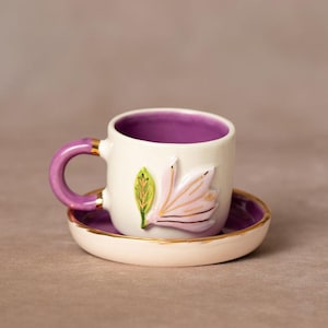 Coffee cup | Tea cup | Decorated with a &quot;Little Magnolia&quot; | Handmade from ceramic | With real gold elements | Designer cup