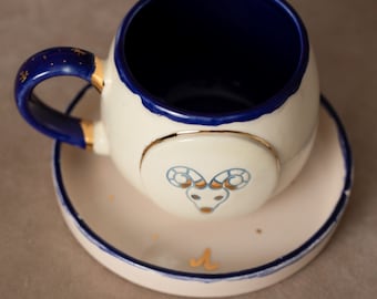 Aries Zodiac Mug, Handmade Ceramic with Real Gold Details, Astrology Birthday Gift, Designer Coffee & Tea Cup
