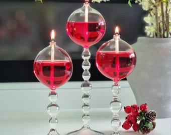 Sirius 3-piece Oil Lamp Hand Blown Glass, Modern Oil Candle Indoor & Outdoor, Handmade Glass Lamp with Fiberglass Wick, Housewarming Gift