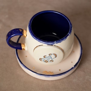 Zodiac sign - Aquarius | Tea cup | Coffee cup | Handmade from ceramic | With real gold elements | Designer cup