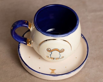 Gemini Zodiac Mug, Handmade Ceramic with Real Gold Details, Astrology Birthday Gift, Designer Coffee & Tea Cup