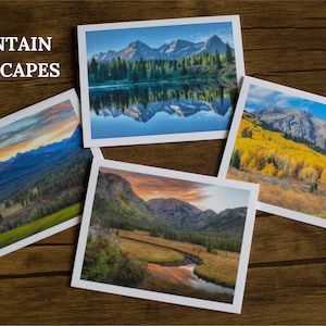 Cartões de notas Fotografia da natureza - paisagem montanhosa, flores, álamos, pinheiros, imagens de inverno e outono