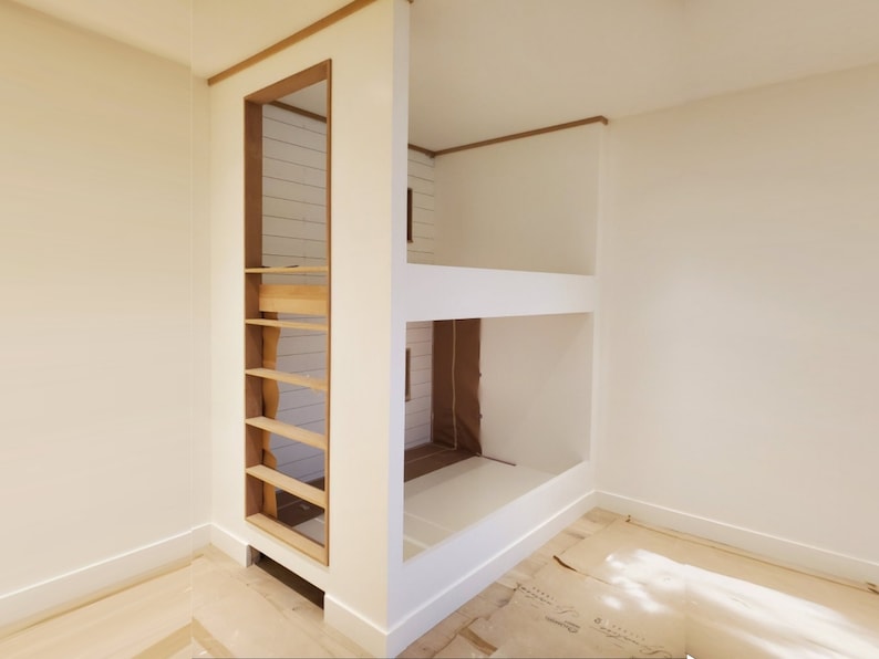 May include: A white painted bunk bed with a wooden ladder and shelves. The bed is in a room with white walls and a wooden floor.