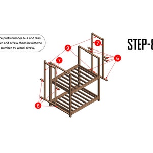 May include: Step 8 of a furniture assembly project.  The image shows a wooden bunk bed frame with numbered parts in red circles.  The text in the image reads: "Place parts number 6-7 and 9 as shown and screw them in with the number 19 wood screw."