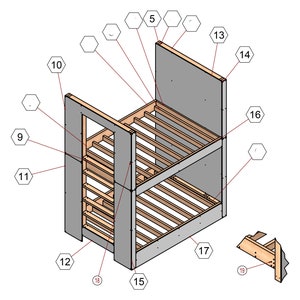 May include: Diagram of a bunk bed frame construction with numbered parts. The frame is made of wood and has a gray painted finish. The diagram shows the different pieces of wood that make up the frame and how they are assembled.