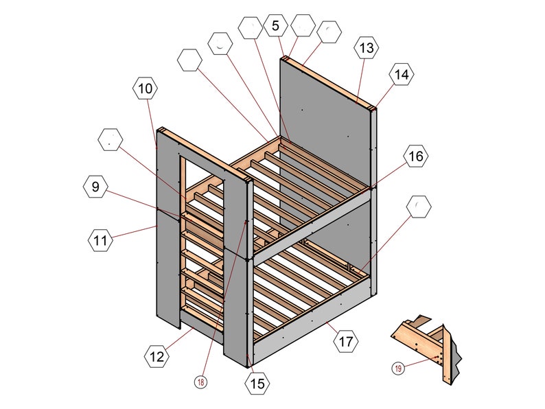 May include: Diagram of a bunk bed frame construction with numbered parts. The frame is made of wood and has a gray painted finish. The diagram shows the different pieces of wood that make up the frame and how they are assembled.