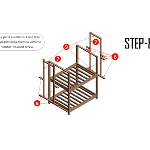 May include: Step 8 of a furniture assembly project.  The image shows a wooden bunk bed frame with numbered parts in red circles.  The text on the image reads: "Place parts number 6-7 and 9 as shown and screw them in with the number 19 wood screw."  STEP-8