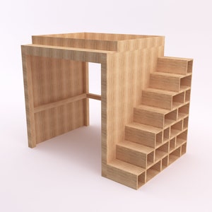 Full size Bunkbed with storage shelves, bunk bed with storage area, bunkbed with stairs