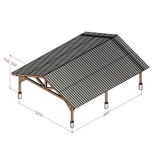 Może przedstawiać: Drewniany carport z metalowym dachem. Carport ma 158 3/8 cala długości, 276 cali szerokości i 360 cali głębokości.