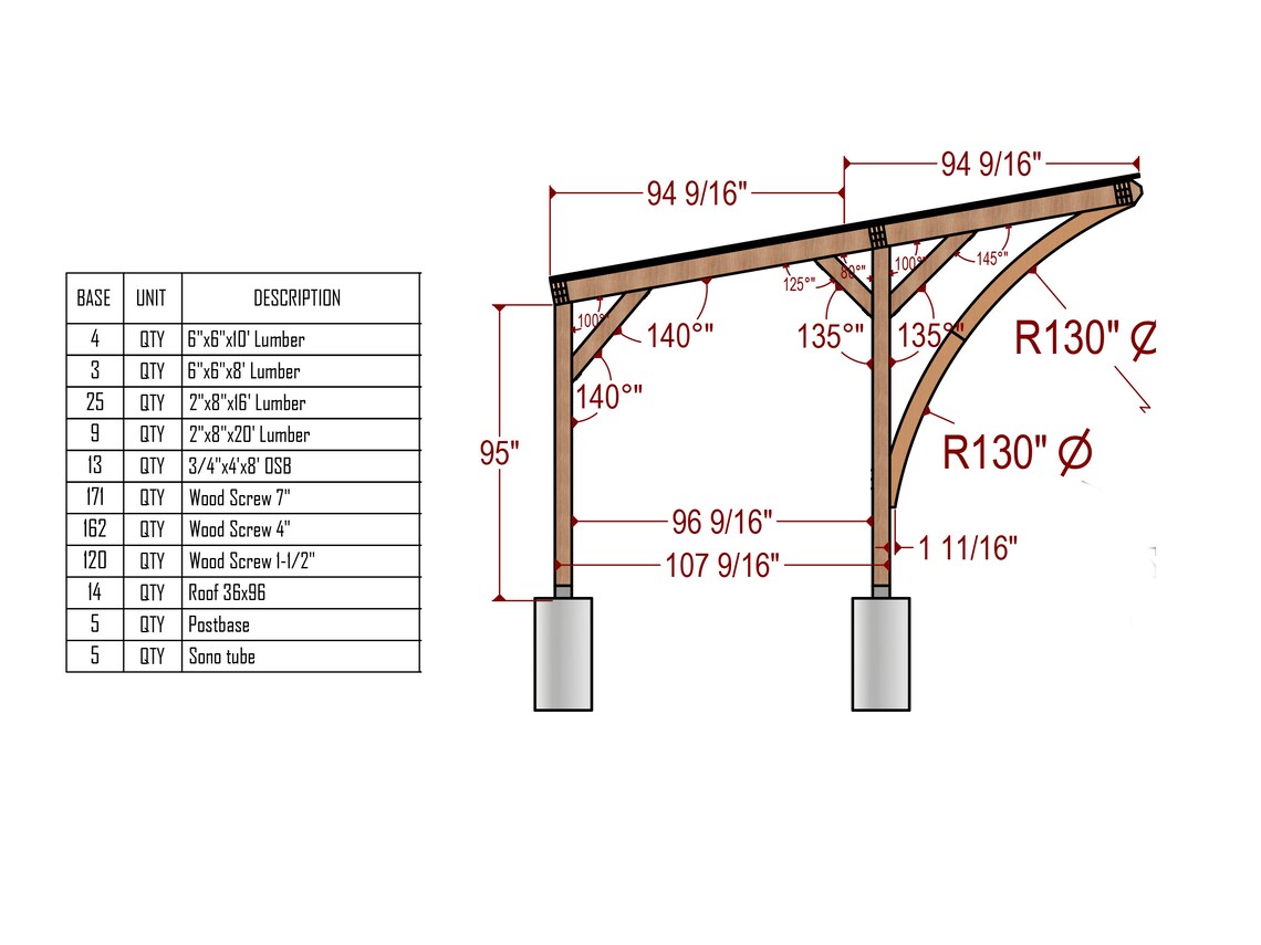 Curved Carport Plan, 20x16 Carport Plan, Single Slope Carport, Wooden