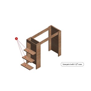 May include: A wooden shelf unit with three shelves. The shelves are attached to the side of the unit with screws. The text "Screw parts 6 with 1-1/2" screw." is visible in the image.