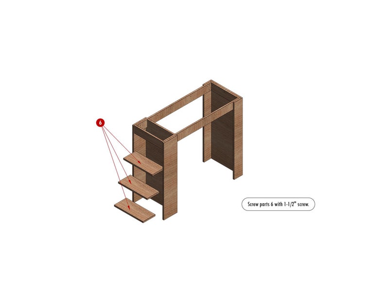 May include: A wooden shelf unit with three shelves. The shelves are attached to the side of the unit with screws. The text "Screw parts 6 with 1-1/2" screw." is visible in the image.