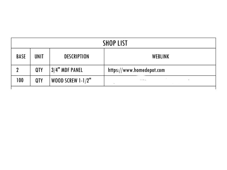 May include: A shop list with two items: 2 quantities of 3/4 inch MDF panel and 100 quantities of 1-1/2 inch wood screws. The list includes a weblink to Home Depot.