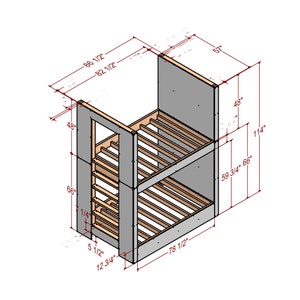 May include: A 3D rendering of a bunk bed frame with dimensions labeled in inches. The frame is made of wood and has a gray painted finish. The bed frame is 86 1/2 inches long, 78 1/2 inches wide, and 66 inches tall.