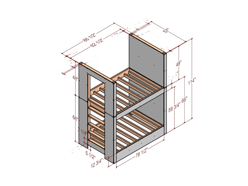 May include: A 3D rendering of a bunk bed frame with dimensions labeled in inches. The frame is made of wood and has a gray painted finish. The bed frame is 86 1/2 inches long, 78 1/2 inches wide, and 66 inches tall.