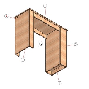 May include: Diagram of a wooden desk with nine numbered parts. The desk is made of plywood and has a simple design. The desk is shown in a 3D perspective view.