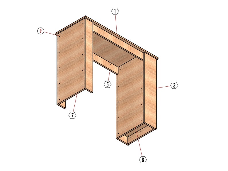 May include: Diagram of a wooden desk with nine numbered parts. The desk is made of plywood and has a simple design. The desk is shown in a 3D perspective view.