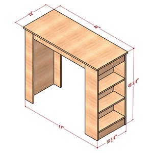 May include: A wooden desk with a shelf unit on the right side. The desk measures 48 inches long, 20 inches wide, and 40 3/4 inches tall. The shelf unit is 18 3/4 inches wide and 47 inches tall.