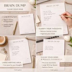 Può includere: Blocco note stampabile estetico con la scritta "BRAIN DUMP" in alto. Il blocco note ha pagine a righe ed è progettato per aiutarti a liberare la mente e ridurre lo stress. Il blocco note è disponibile come download digitale immediato.