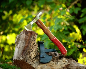 Viking Bearded Hatchet Axe: Rose Wood Handle, Leather Sheath