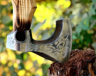 Personalized Ragnar Axe: Handmade Carbon Steel Viking Axe with Ash Wood Handle