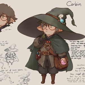 Peut inclure: Illustration d'un personnage nommé Corbin Bumblepickens, un sorcier avec un grand chapeau vert, des lunettes et une cape. L'image comprend des croquis et des notes, montrant le processus de conception du personnage. Le personnage porte une sacoche marron et tient un orbe rose.