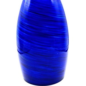 May include: A cylindrical glass vase featuring a deep cobalt blue color with subtle, swirling horizontal streaks of darker navy blue throughout the surface. The vase has a smooth, polished finish and a rounded, slightly tapered top opening.