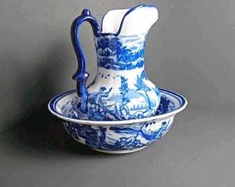 Juego de jarra y palangana de cerámica azul y blanca Victoria Ware, jarra antigua de estilo victoriano, jarra de cerámica vintage con escena de caza.