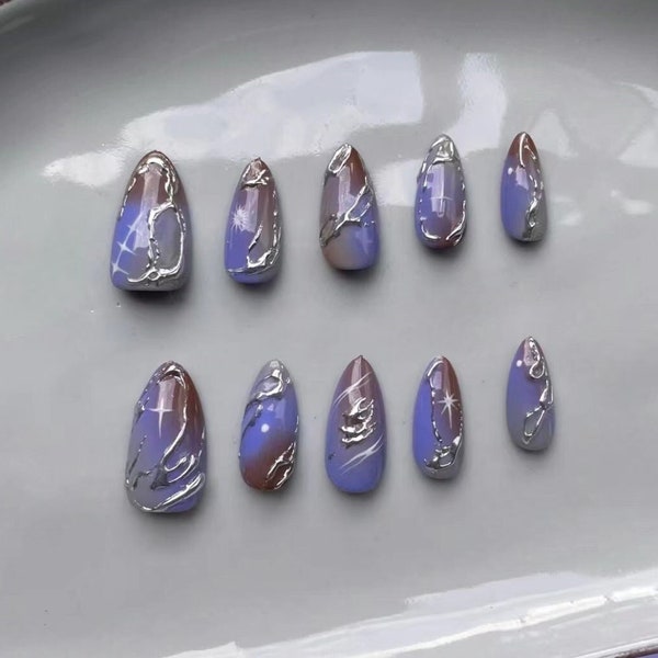 Silver Melted Metal Fuchsia Design Nail Art | Y2K Press on Nails | Cool Nails | Gift For Her