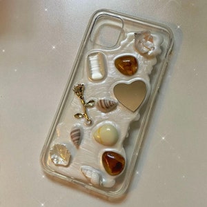 Handmade Shell and Stone Decoden Phone Case | Love Heart and Rose Phone Case | Gift For Her | Phone Case For Android, Samsung and iPhone