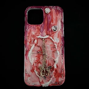 Handmade Gothic Blood Red Skeleton With Chain Decoden Phone Case | Cool Phone Case | Phone Case For iPhone, Samsung and Android