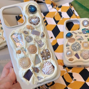 Handmade Pearls and Shell Phone Case | Memor Style Decoden Phone Case | Luxury Vintage Decoden Phone Case | Gift For Her