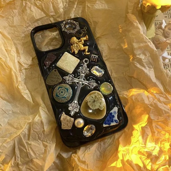 Retro Gothic Black Beige Baroque Art Collage Cross Aesthetics Decoden Phone Case | Shell and Stone Phone Case | Gift For Her