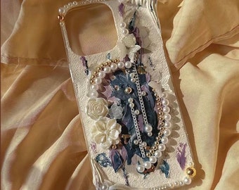 Handmade Vintage Style Decoden Phone Case | Pearls and Flowers Phone Case | Gift For Her | Phone Case For Android, Samsung and iPhone