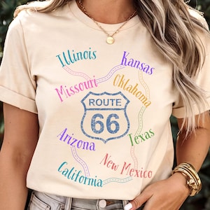 USA - Bright Colors Distressed Route 66 Vintage Bella Canvas T-shirt, Iconic American Road Trip Sign Shirt, Travel T shirt
