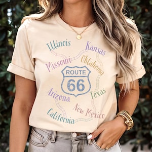 USA - Soft Colors Distressed Route 66 Vintage Bella Canvas T-shirt Soft Color Palette, Iconic American Road Trip Sign Shirt, Travel T shirt