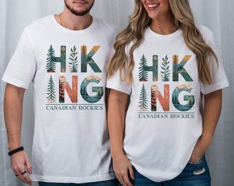 USA - HIKING Canadian Rockies Unisex Tee | Mountain Landscape Letters, Alberta Rocky Mountains, Nature Enthusiast