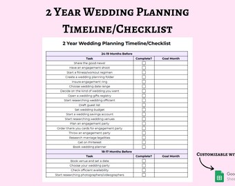 2 Year Wedding Planning Timeline | Ultimate 24 Month Wedding Planning Checklist | Wedding Planning Google Sheets Spreadsheet