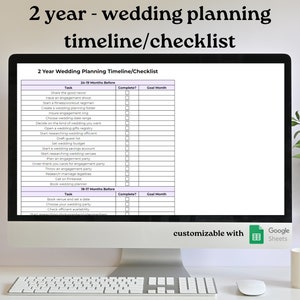 May include: A computer screen displaying a wedding planning timeline checklist in a Google Sheet. The checklist includes tasks to be completed 24-19 months before the wedding, such as sharing the news, starting a fitness regimen, creating a wedding planning folder, and insuring the engagement ring. The checklist also includes tasks to be completed 18-17 months before the wedding, such as booking the venue and setting the date, choosing the wedding party, and checking officiant availability.