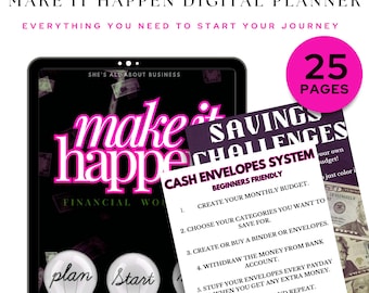 Peut inclure: Planificateur numérique "Make It Happen" avec un guide "Défis d'épargne" et un guide "Système d'enveloppes de trésorerie". Le planificateur contient 25 pages et comprend le texte "Tout ce dont vous avez besoin pour commencer votre voyage".