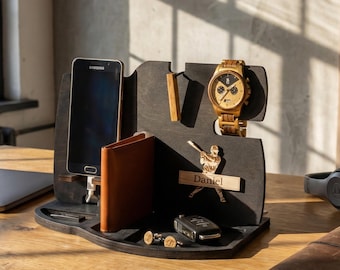 Wooden Desk Organizer for Men, Personalized Phone Docking Station Gift for Dad