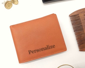 Personalized Bifold Wallet Card Holder Gift for Him, Custom Engraved Leather Accessory Christmas Holiday Unique Gift Boyfriend Man Men Dad