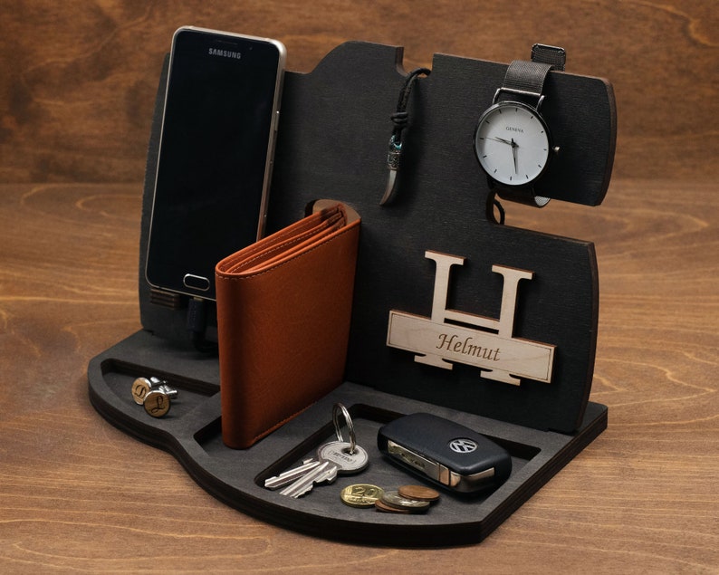 Desk Organizer Gift Personalized Phone Charging Docking Station Handmade Techy gift Dad Anniversary Birthday Gift For Boyfriend Ebony Black