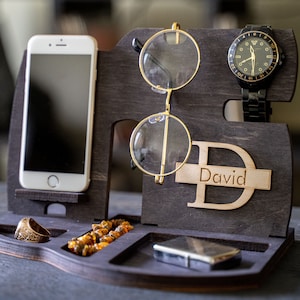 Personalized Holiday Gift for Him Wooden Phone Stand Docking Charging Station Christmas tech Gift for Man iPhone Holder Nightstand Organizer Ebony Black